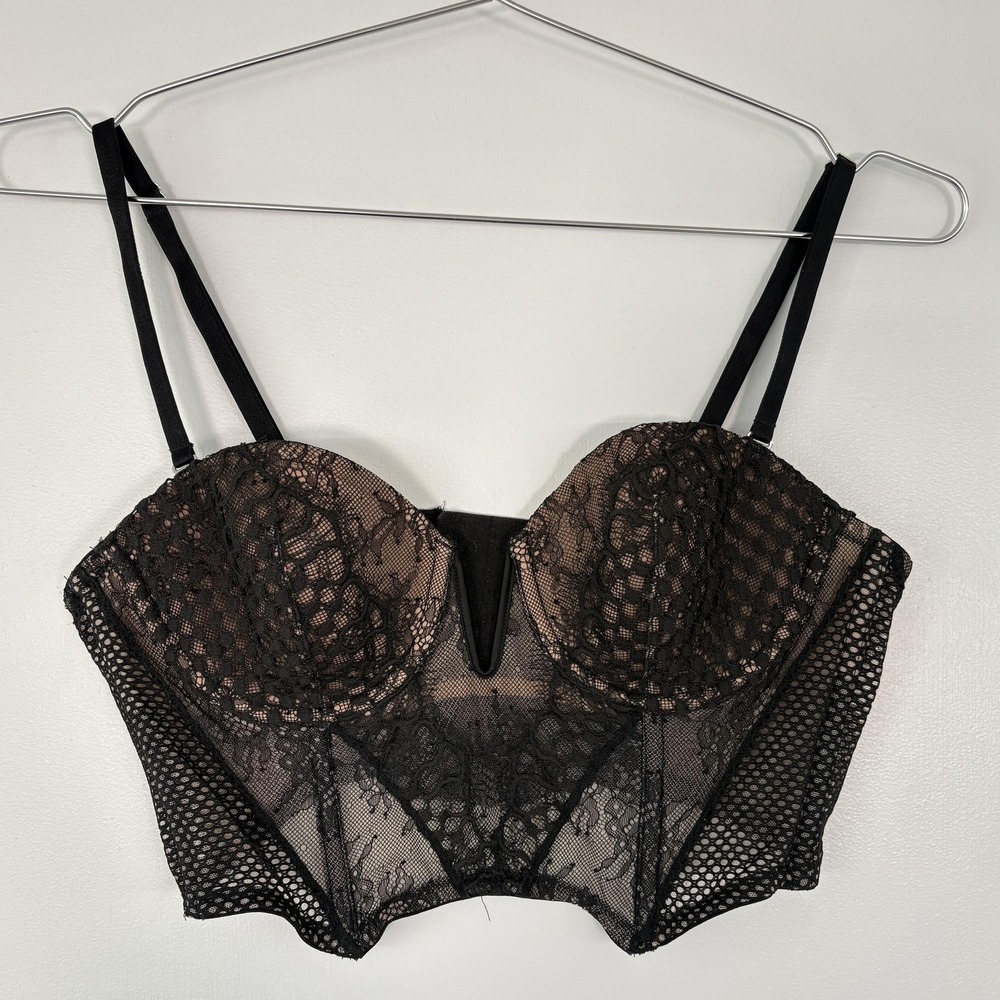 Victoria's Secret Bustier Womens 36B Black Lace Longline Strapless Boned Top